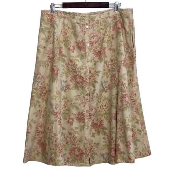 Vintage Skirt Womens 18 Beige Pink Floral Midi Linen Skirt 90s Romantic Whimsy - Picture 1 of 12